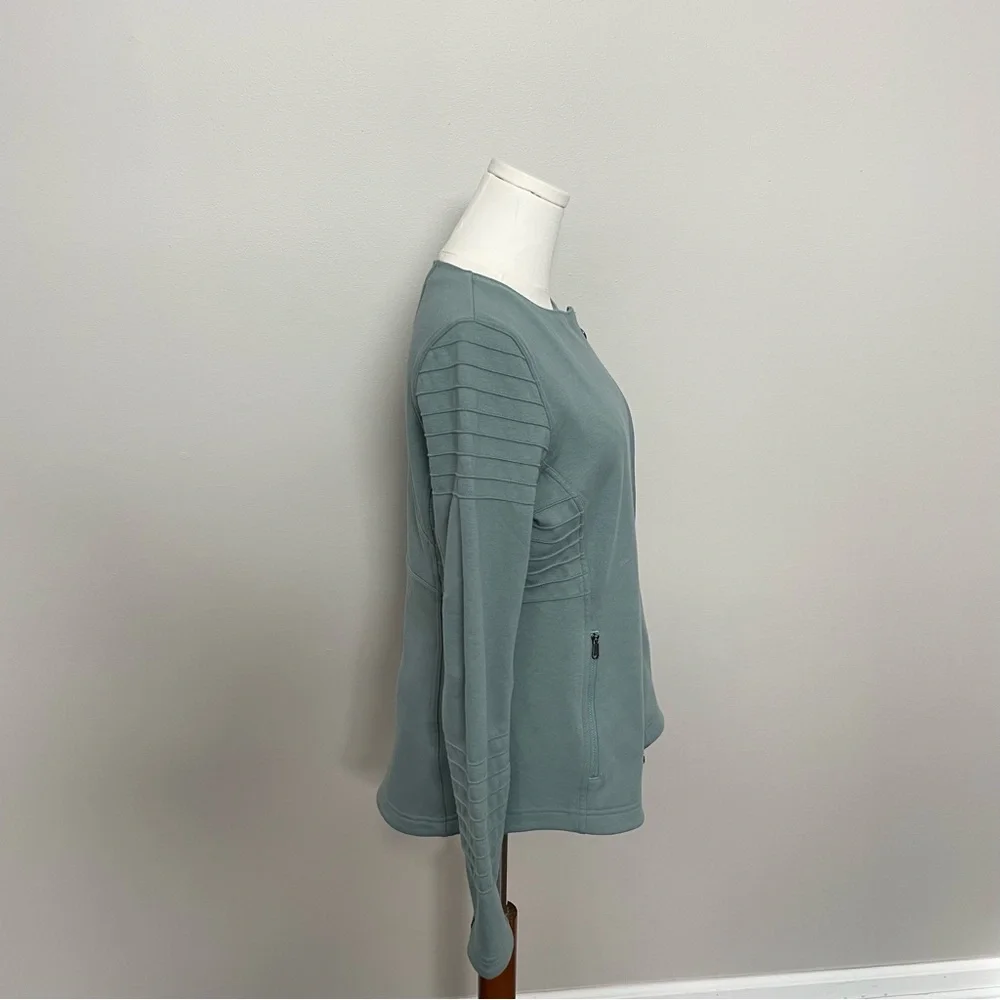 Athleta Moto Jacket Sweatshirt Knit Fleece Lined Zipper Pockets Minimalist Green